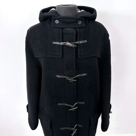 Vintage Burberry London Duffle Coat UK 10 Black Wool Hooded Toggle Nova Check 99 - Picture 3 of 16